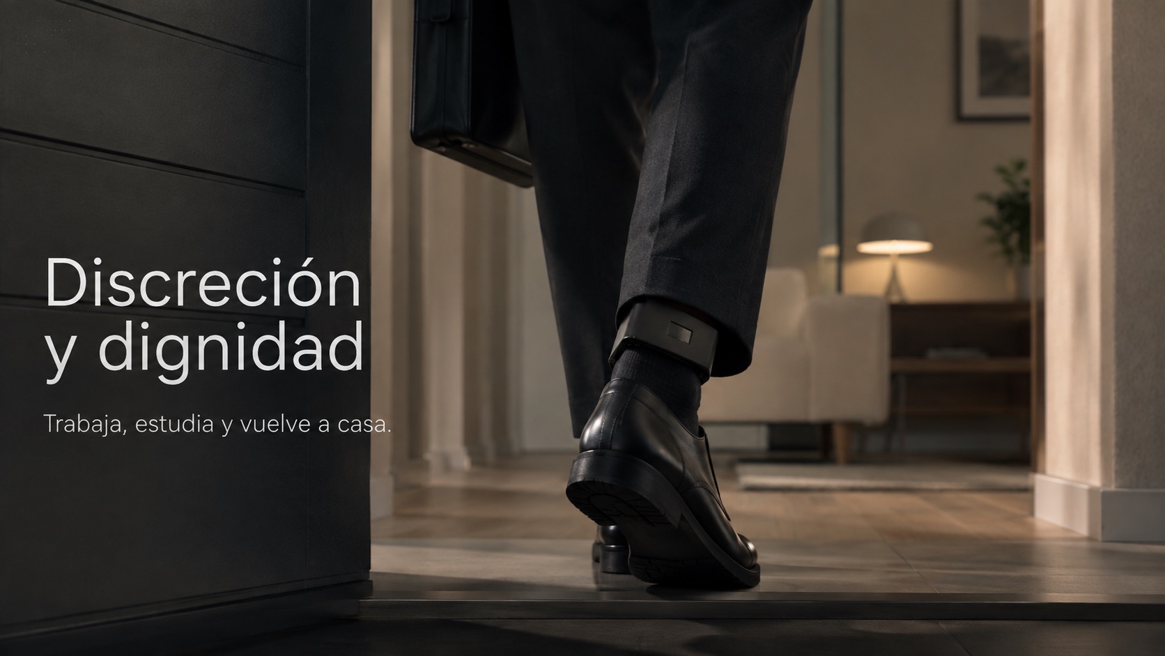 Persona saliendo de casa con el brazalete GPS discretamente bajo el pantalón — discreción y dignidad, trabaja, estudia y vuelve a casa